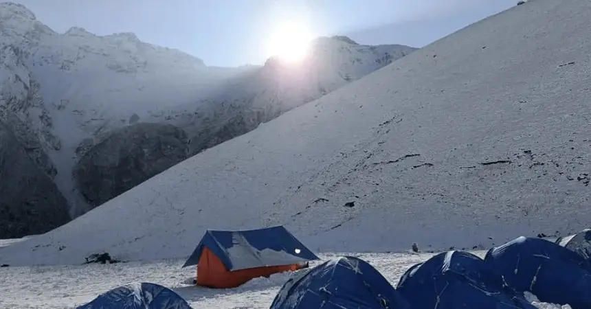 Sunrise light over the Nag Tibba camp on the morning of the summit climb