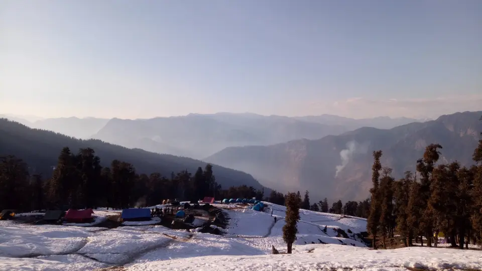 Kedarkantha campsite in snow valley view